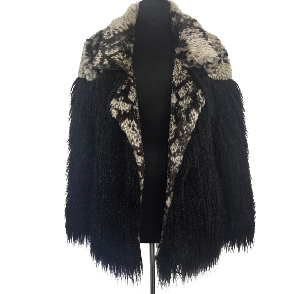 Somedays Lovin Womens Faux Fur Shaggy Coat Black Animal Print Large Bohemian
